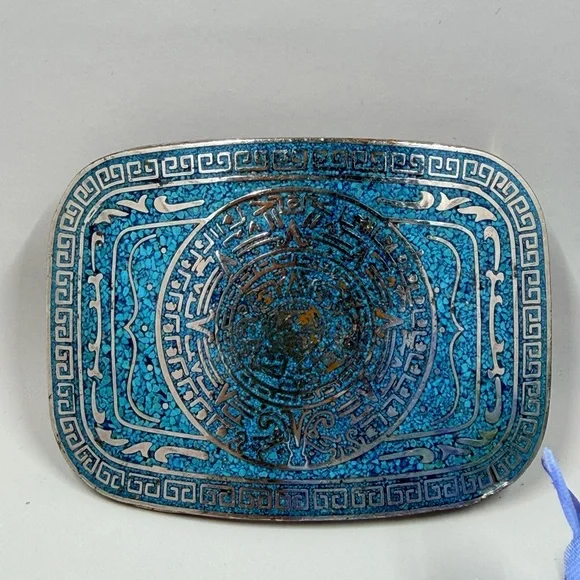 Taxco Signed Turquoise Stone Chip Vintage Belt Buckle - Picture 4 of 10